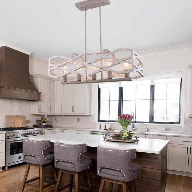 CurveCurio Rustic Wood Chandelier, 5 Lights, White Distressed Fixture for Bedroom and Living Room