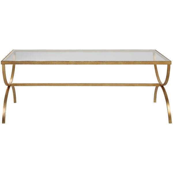 slide 2 of 7, Uttermost 25186 Crescent 48" Wide Iron and Tempered Glass Coffee Table Antique Gold