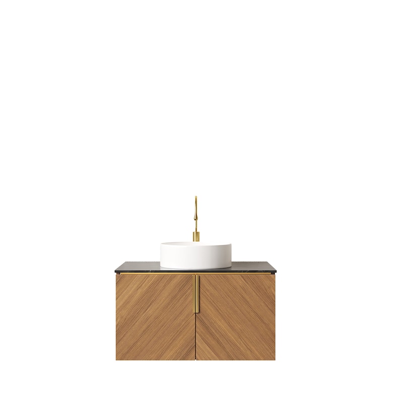 Brown Oak Grain Finish Cabinet with Diagonal Design and White Round Basin, Wall Floating Storage Cabinet with Soft Close System