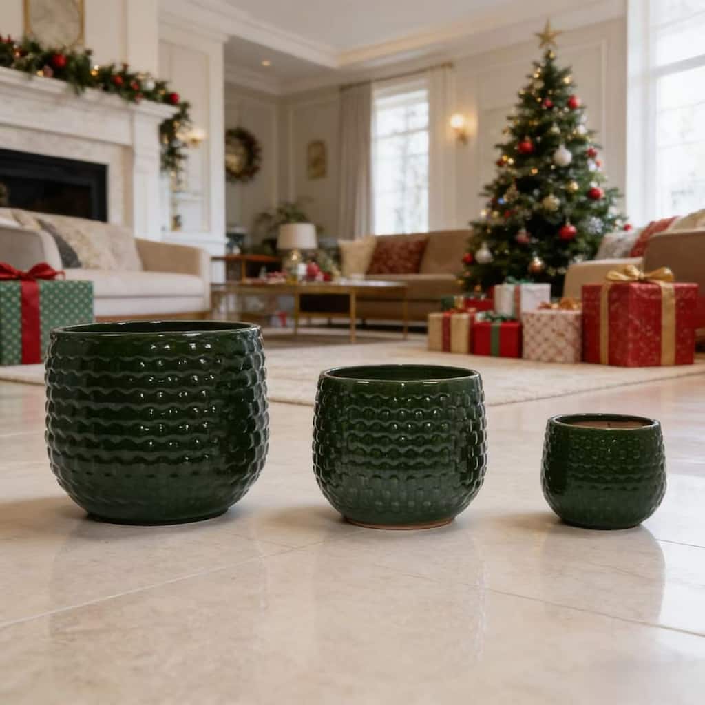 Handmade Glazed Ceramic Planter Set of 3, 9/7/5 Inch Diameter, Dark Green Solid Glossy Finish