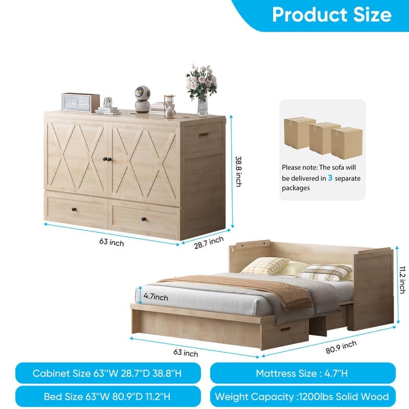 Mixoy Queen Size Murphy Bed with Charging Station & Storage Drawer,Space-Saving Design,Optional Mattress