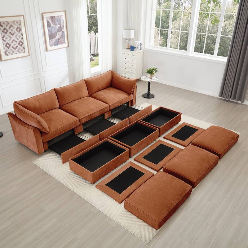 GDFStudio - Chenille 3-Seater 112.6" Modular Sofa with 3 Ottomans
