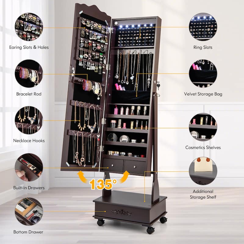 6 LED Floor Standing Jewelry Armoire Lockable Jewelry Organizer