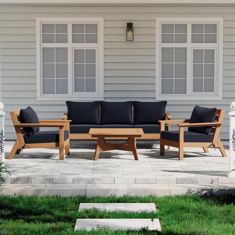 Birchwood All Weather HDPE Outdoor Patio Teak Deep Seating Conversation Set (6-Piece Set)