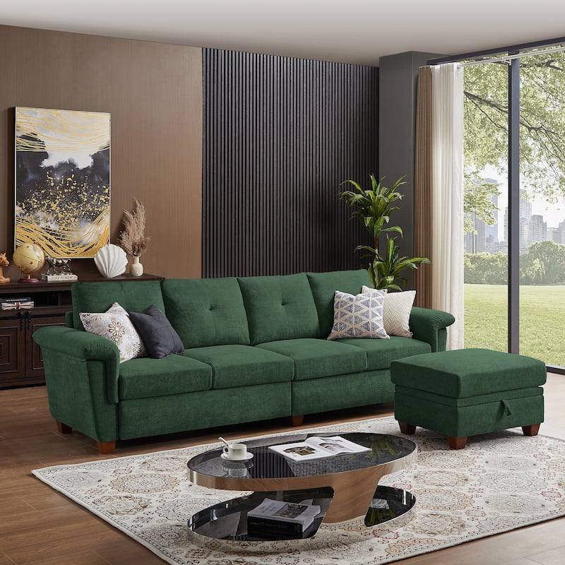 109" Modern 4 Seaters Towelling Sectional Sofa with Hidden Coffee Table Adjustable Headrest and Large Storage Space