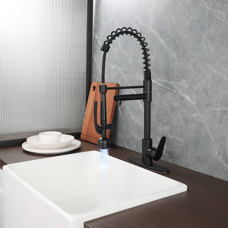 Commercial Stainless Steel Single Handle Kitchen Spring Sink Faucet with LED Pull Down Sprayer & Deck Plate