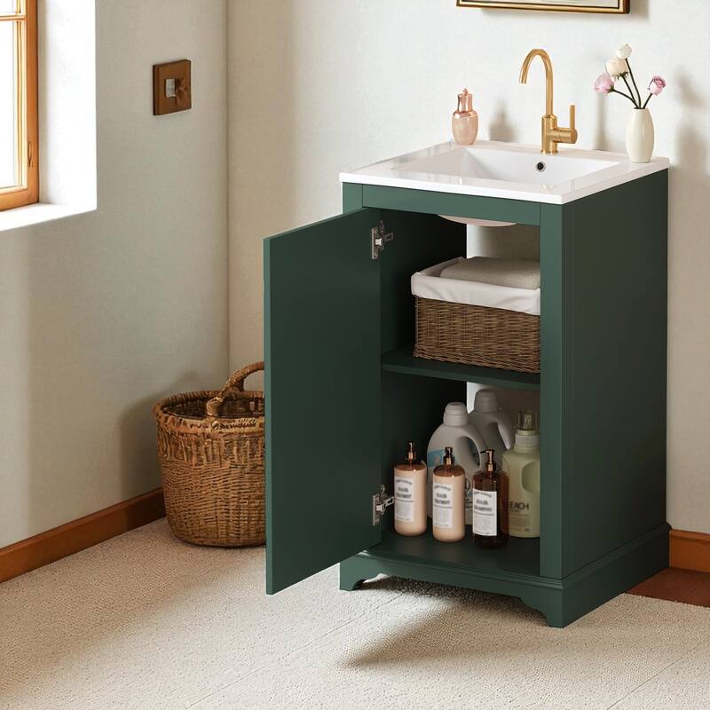 20 Inch Bathroom Vanity with Ceramic Sink, Freestanding Single Vanity Cabinet with Soft-Close Door and Adjustable Shelf