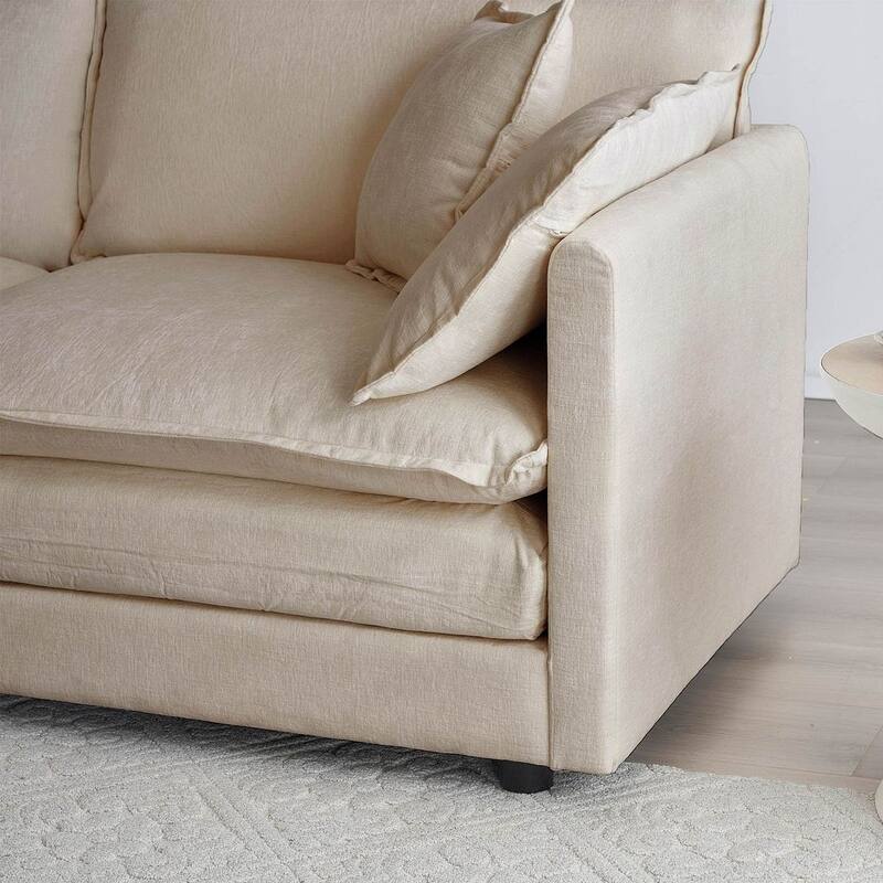 Beige Chenille Modular 3 Seat Sofa with Removable Cushions - 111"L