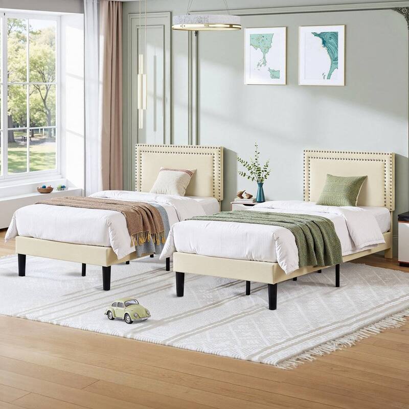 Set of 2 Twin Size Tufted Upholstered Platform Beds Dorm Style Minimalist Metal Frame with Slats No Box Spring Needed
