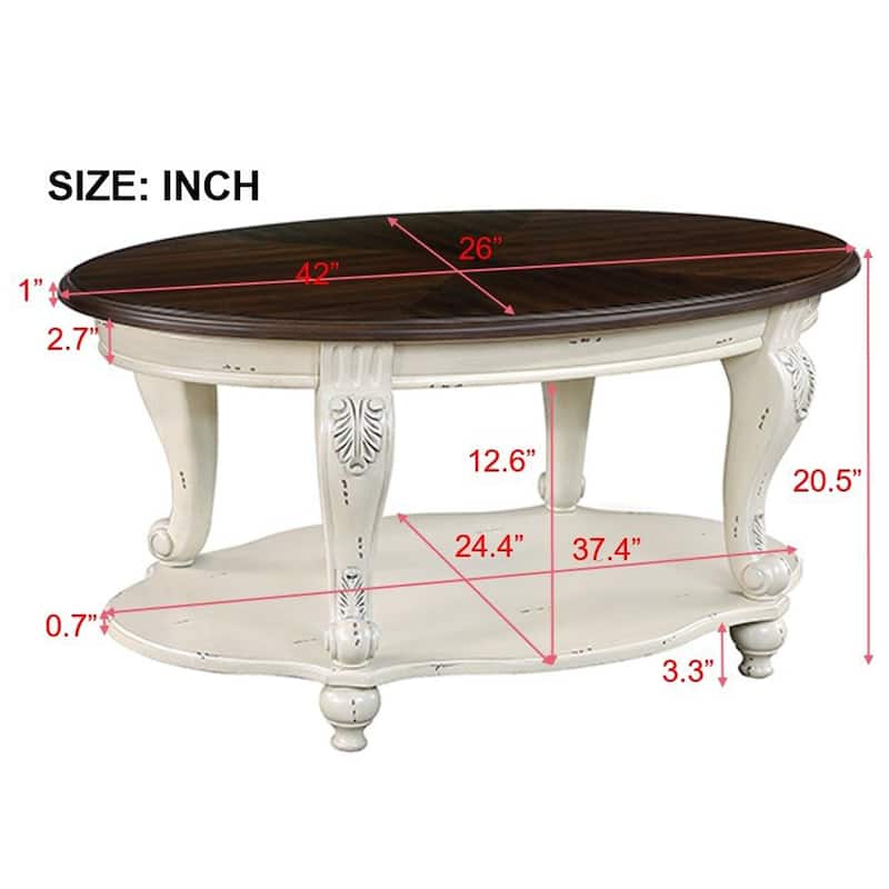 42" Oval Wood Coffee Table, 2 Tier Cocktail Table with Open Shelf