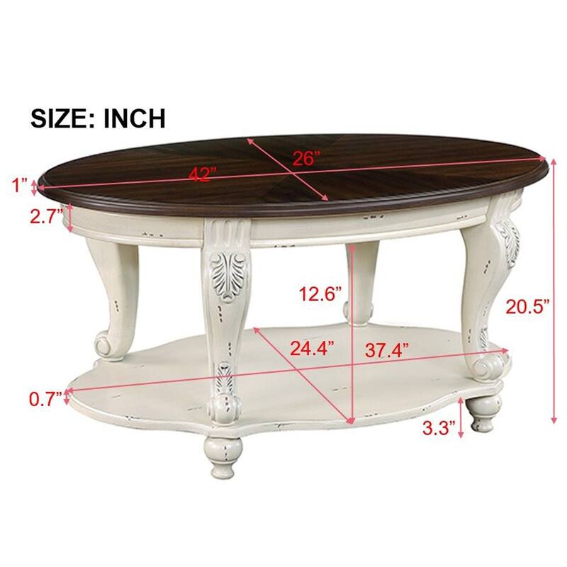 42" Oval Wood Coffee Table for Living Room,2-Tier Solid Wood Cocktail Table with Open Storage Shelf, Easy Assembly
