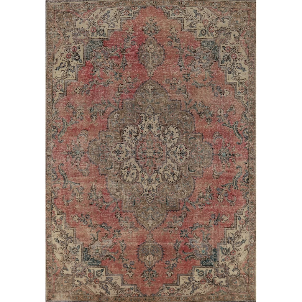 Pink Tabriz Persian Vintage Rug Hand-Knotted Wool Carpet - 7'8" x 10'8"