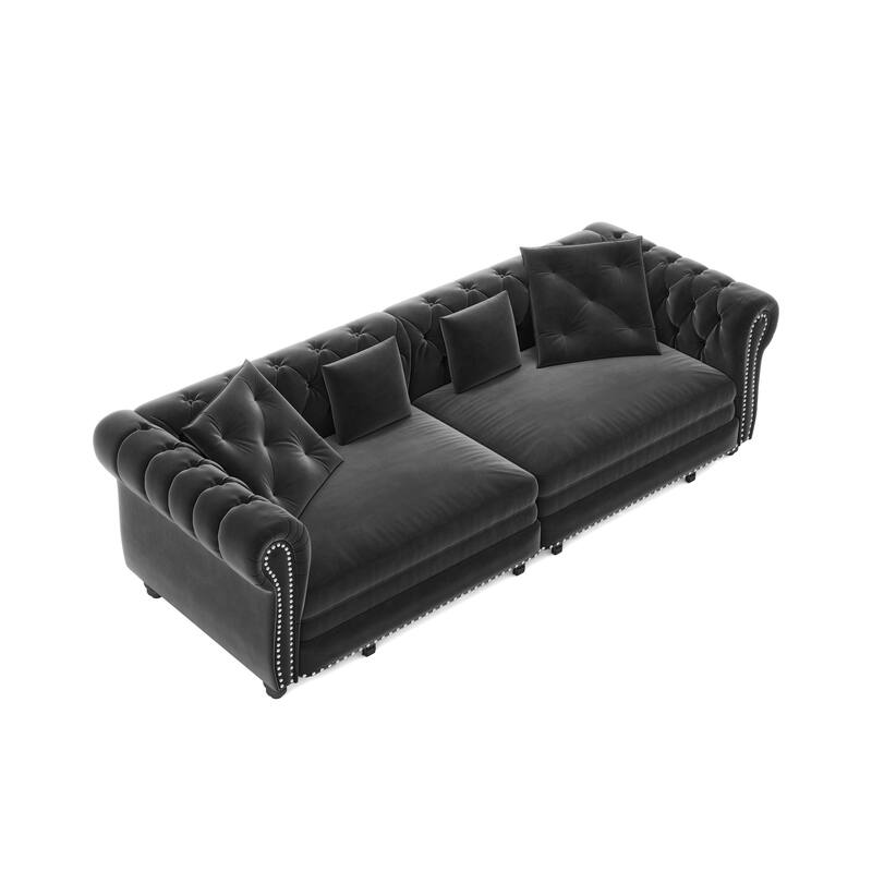 89" Chesterfield Pull Out Sofa Bed - Velvet 3-in-1 Convertible Sleeper with Chaise & Ottoman, King Size Sleeper Sofa