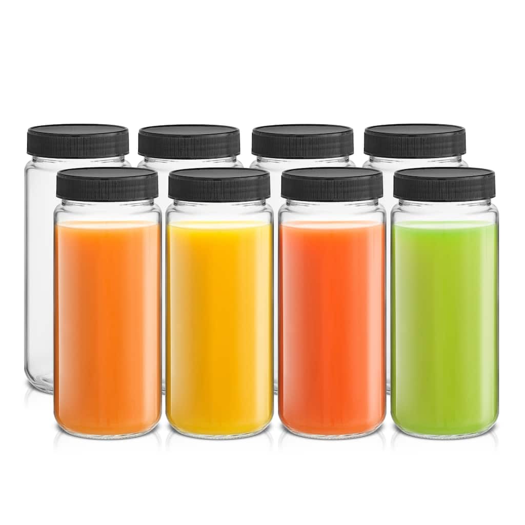 JoyJolt Reusable Glass Juice Bottles with Lids - 16oz - Set of 8 - 16 oz