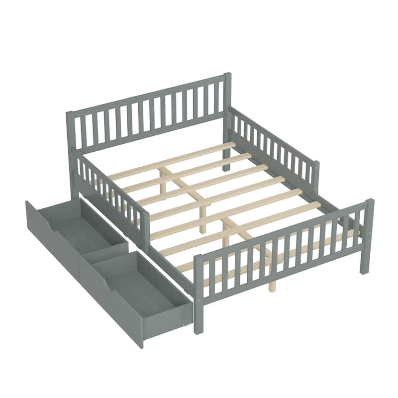 Full Size Wood Platform Bed with Guardrails on Both Sides and 2 Storage Drawers, Gray