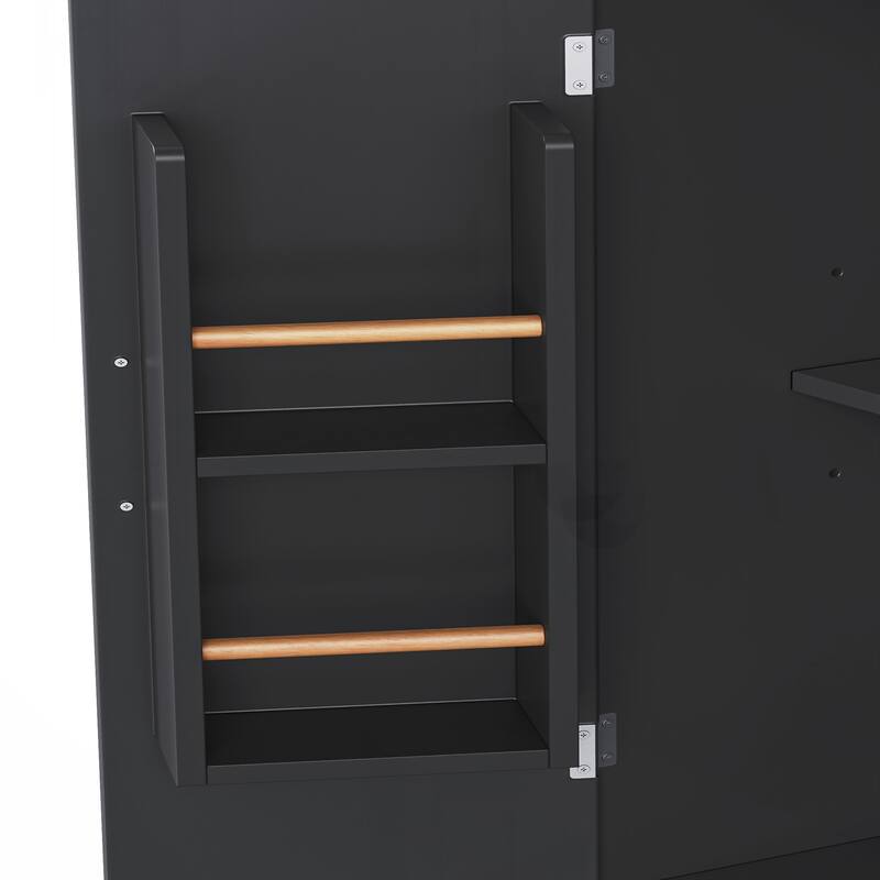 Kitchen Island with Rubber Wood Veneer Drop Leaf, Power Outlet, 4 Door Shelves - Black