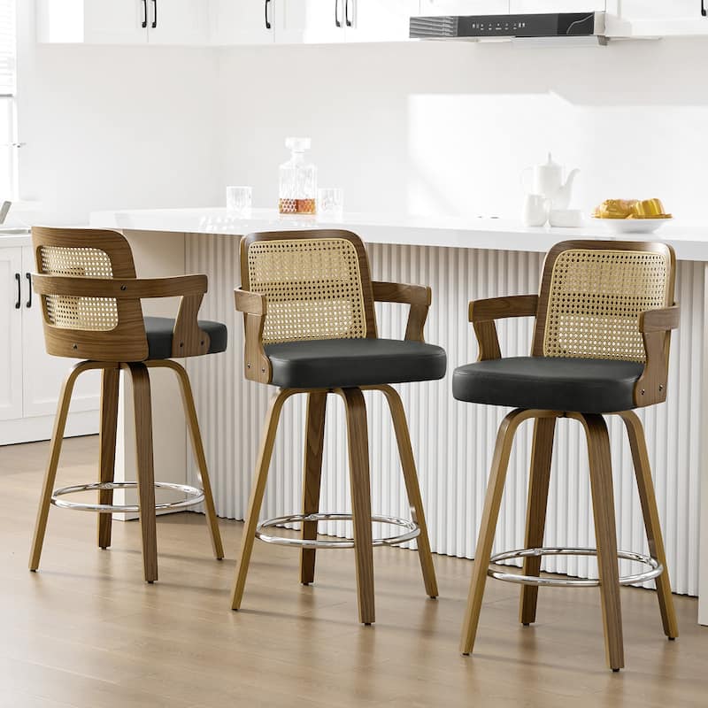 Upholstered Swivel Barstool with Arms and Bentwood Legs - 40.8"H x 18.9"W x 19.5"D/19.3"D - Set of 3 - Grey-Rattan Back