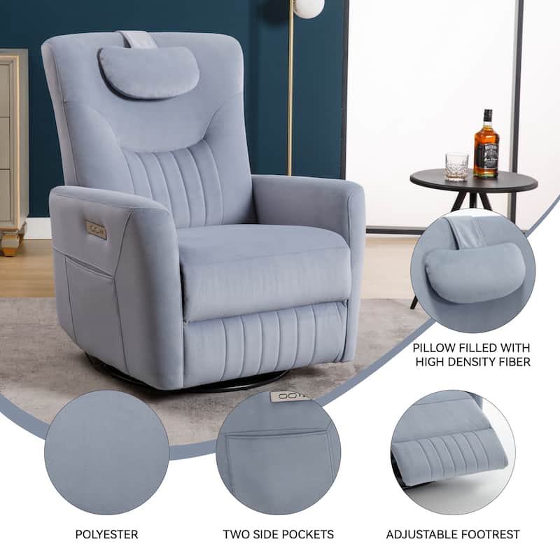 Ergonomic Swivel and Rocker Power Recliner Chair for Elderly, Lving Room Single Sofa w/Lumbar & Neck Support Pillow & USB Ports