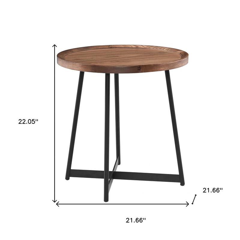 22” Round Walnut Side Table Contemporary Wood Top with Black Steel Cross Base for Living Room - 21.66"L x 21.66"W x 22.05"H