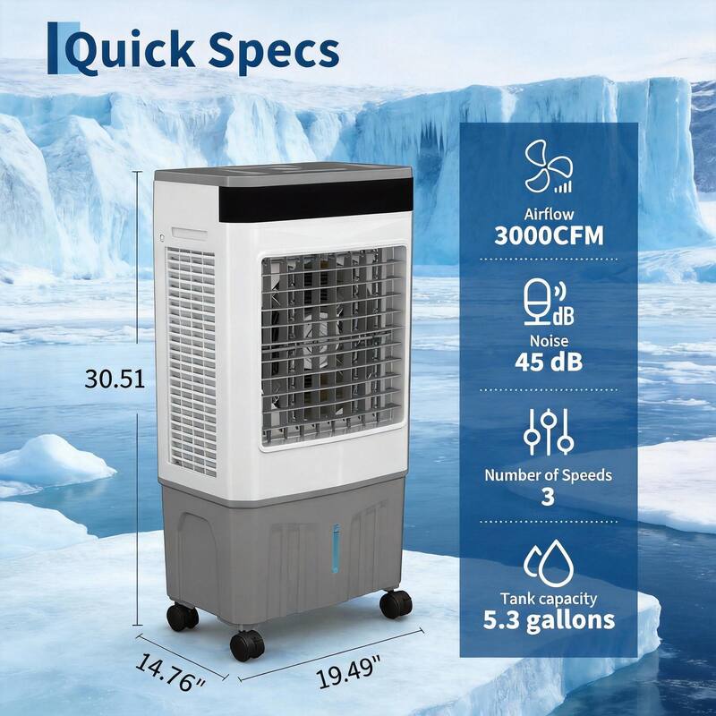 3000 CFM 5.3 Gal Evaporative Air Cooler, with Remote & Timer