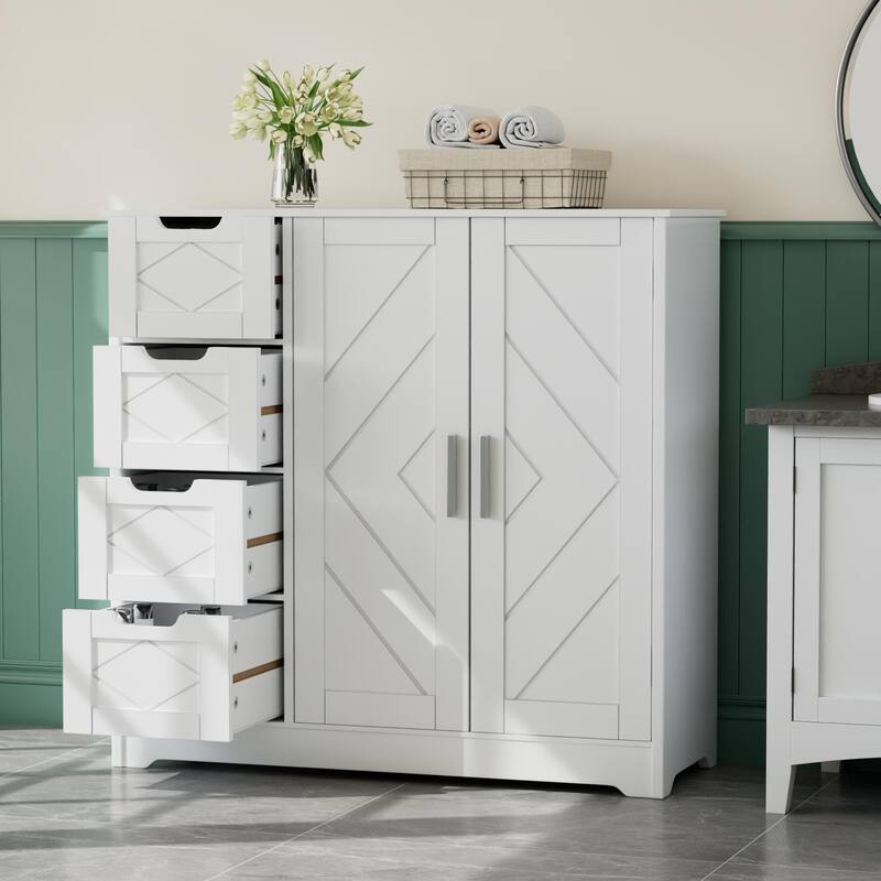 VECELO Wooden Bathroom Floor Cabinet, Side Storage Organizer Cabinet with 4 Drawers Freestanding Entryway Storage Unit