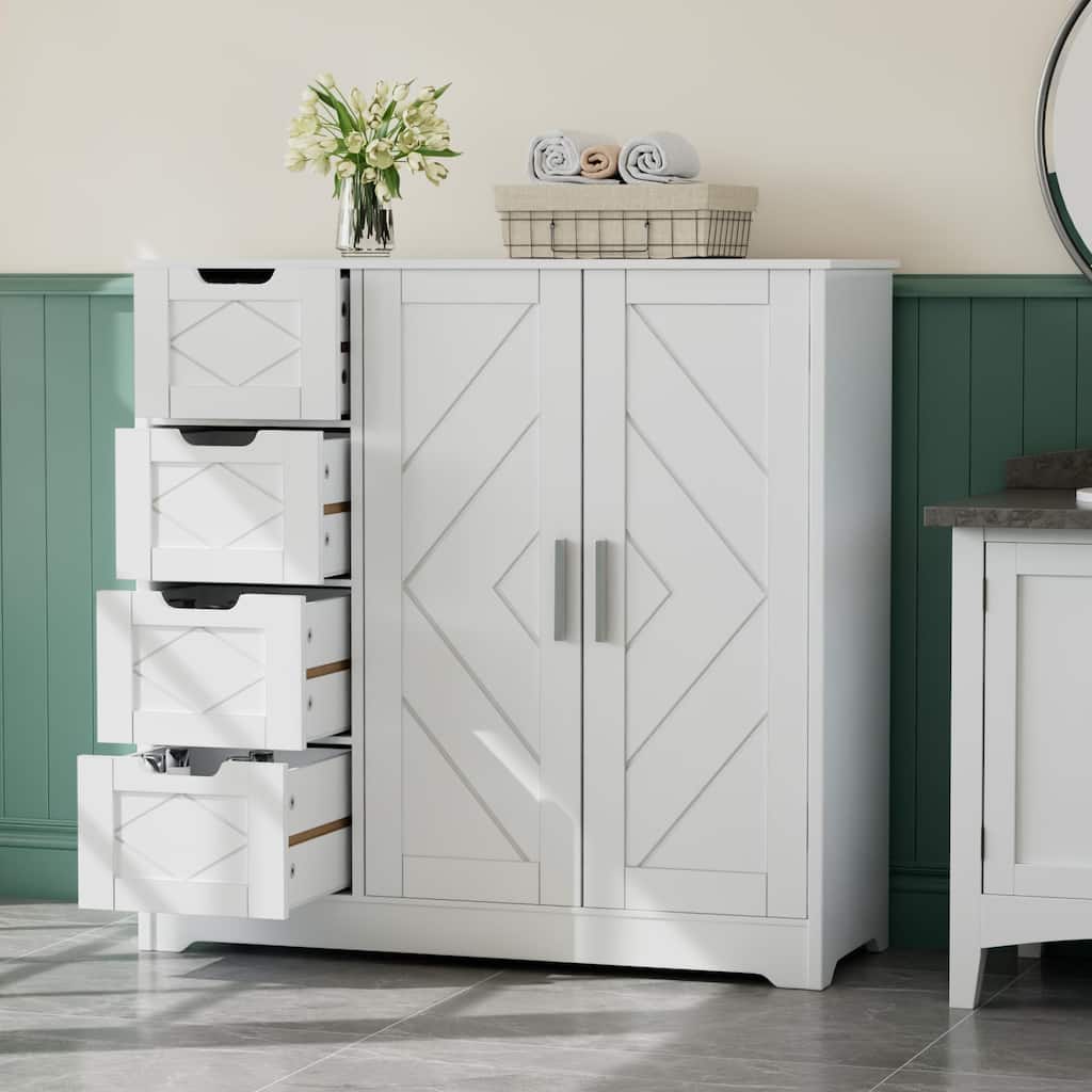 VECELO Wooden Bathroom Floor Cabinet, Side Storage Organizer Cabinet with 4 Drawers Freestanding Entryway Storage Unit