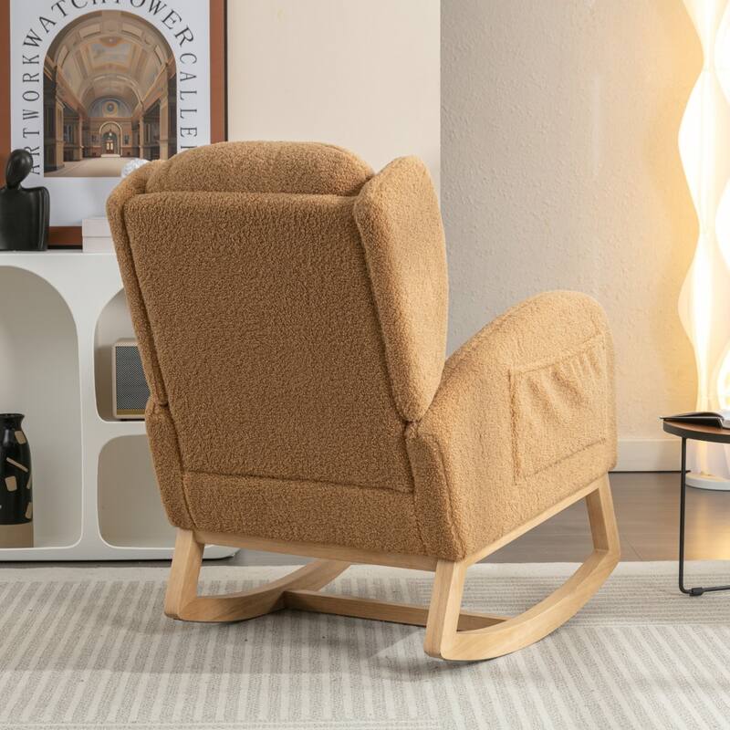 Modern Teddy Fabric Home Rocking Chair with Wood Leg, Tufted High Back