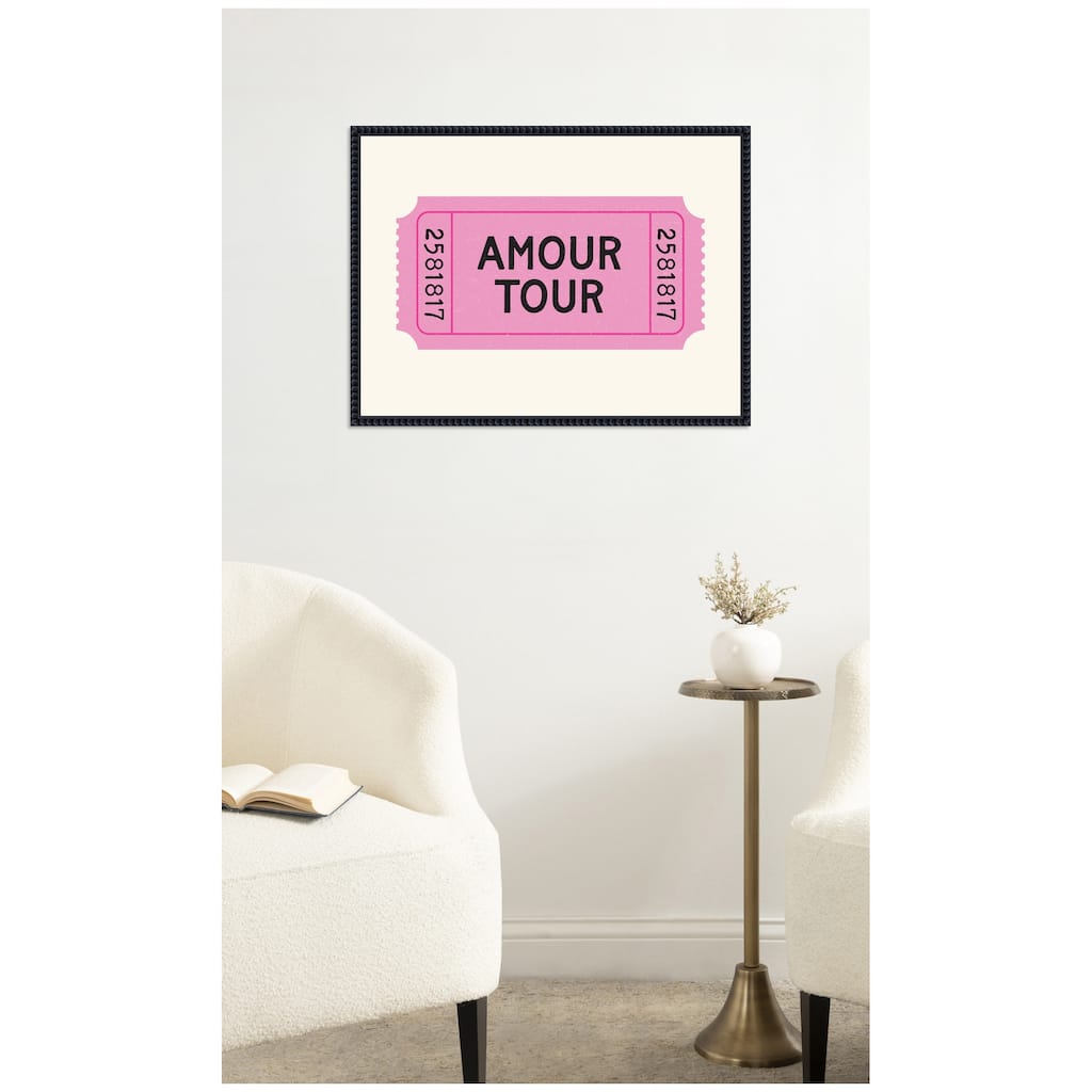 Kate and Laurel Pink Poster Retro Ticket, Amour Tour Dopamine Decor, Girly Wall Art by Lucky Guava Framed Canvas Wall Art Print