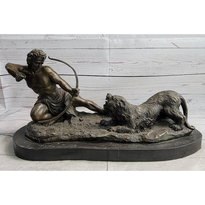 Archer Warrior Hunter Slaying Imitative Lion Bronze Sculpture Statue Figure Signed Original Art