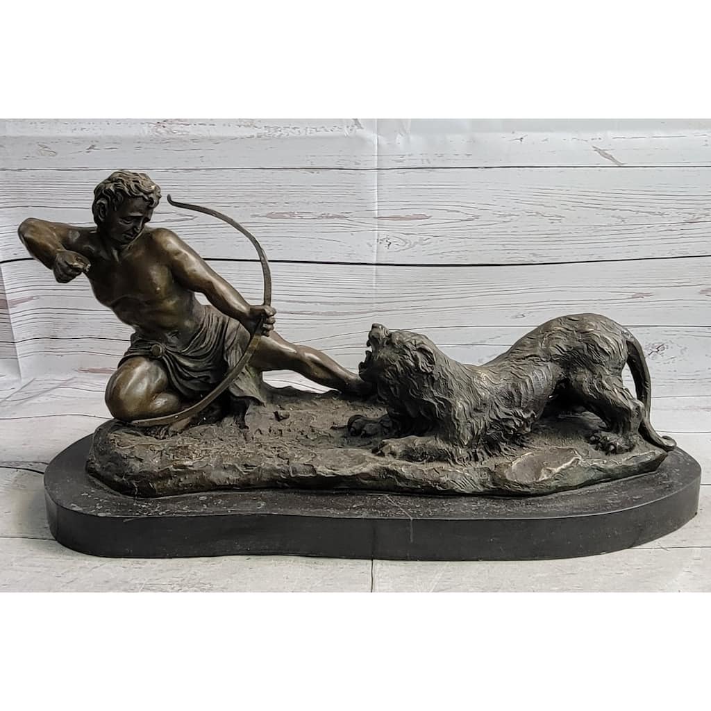 Archer Warrior Hunter Slaying Imitative Lion Bronze Sculpture Statue Figure Signed Original Art