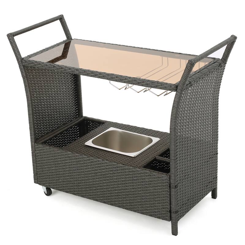 Outdoor Rattan Bar Cart with Removable Ice Bucket, Tempered Glass Top & Wheels, Mobile Beverage Serving Cart with Aluminum Frame