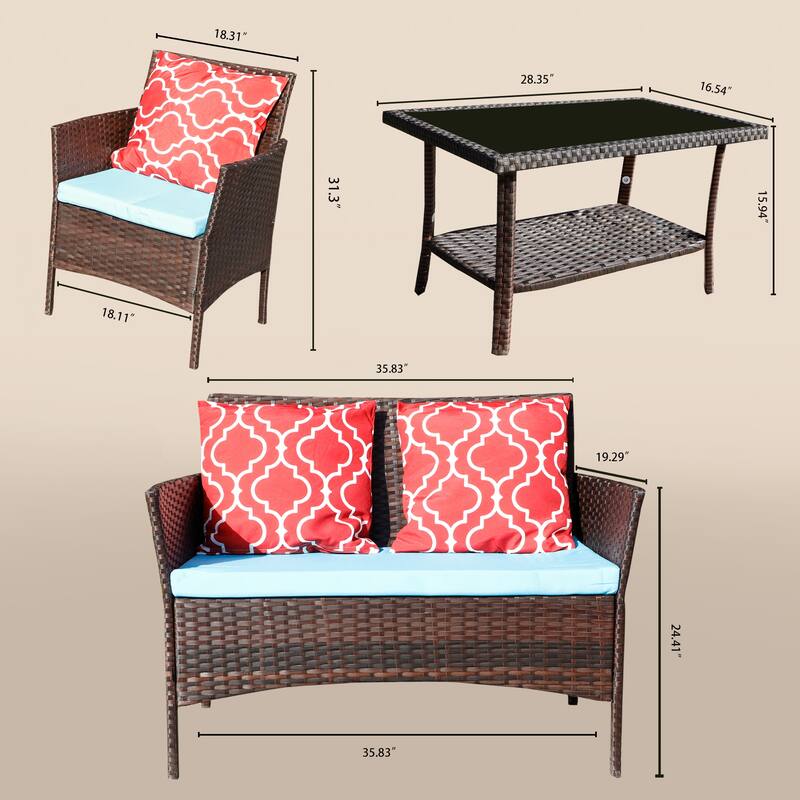 4-Piece Sofa Set Table With Sofa Chair PE Rattan With Cushion