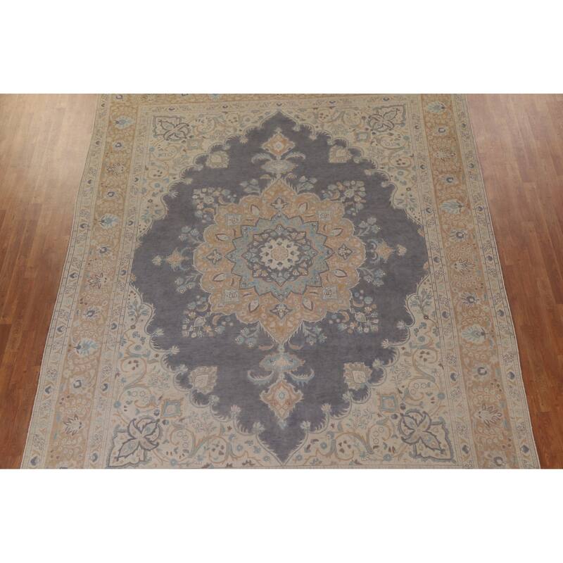 Hand Knotted Oriental 100% Wool Carpet Traditional Medallion Greys & Charcoal Tabriz Area Rug - 12' 5'' X 9' 7''