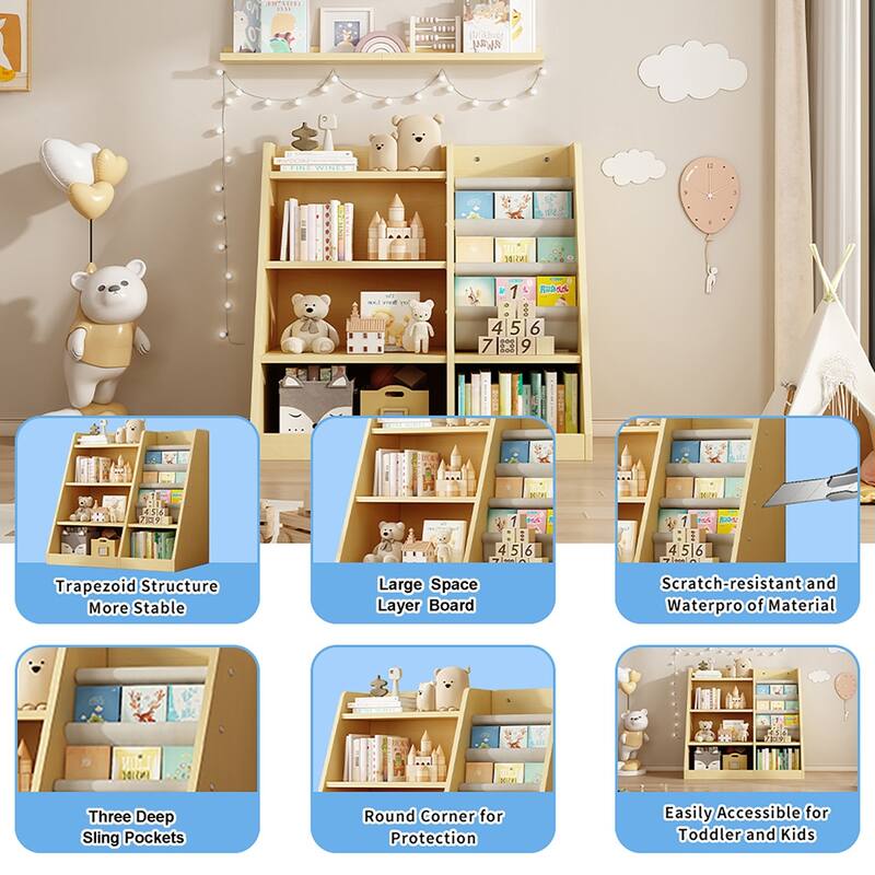 Wooden Toy Storage Organizer Cabinet Natural/ Wood Kids Bookshelf Children Bookcase Toddler Baby Sling Book Rack Shelf