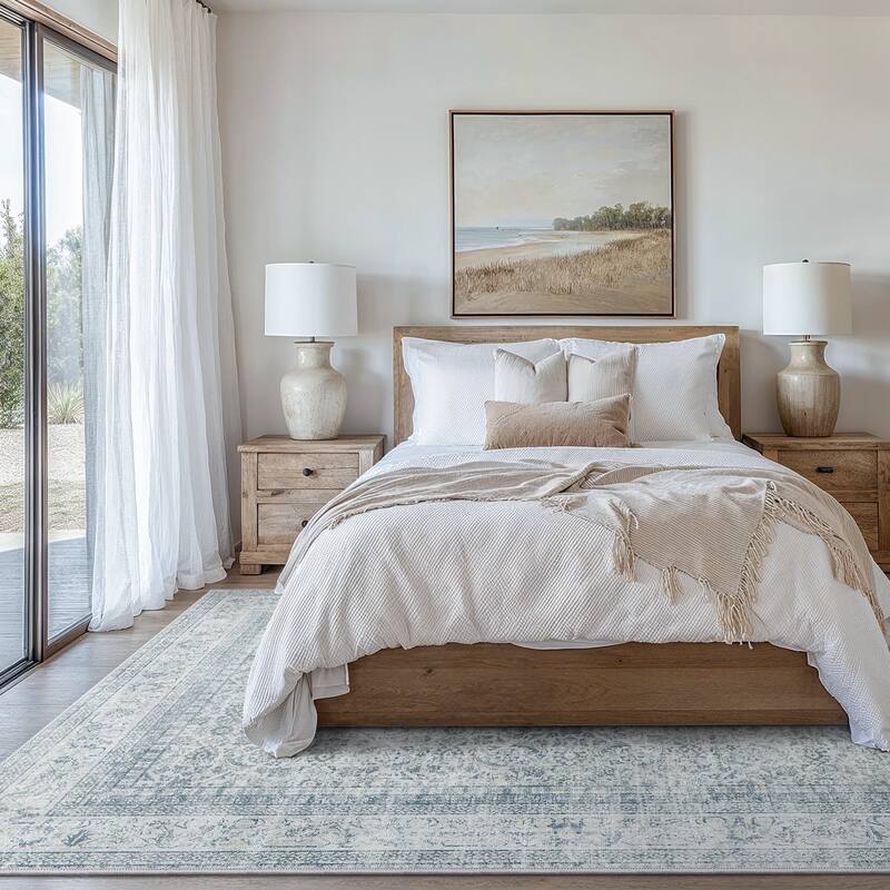 Mcow Floral Faded Low Pile Machine Washable Non-Slip Area Rug - 8'X10' - 8'X10' - Blue - Rectangle