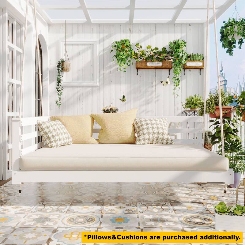 Patio Wooden Twin Size Swing Daybed Porch Swing Frame With Hemp Ropes (Excluding the table)