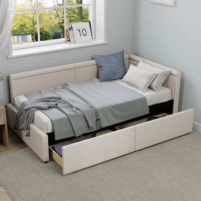 L Shape Corner Sofa Bed Linen Upholstered Daybed w2 Drawers, Twin Bed