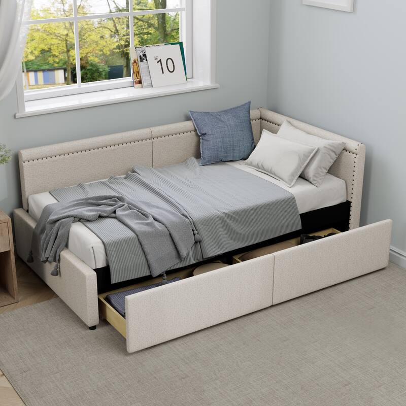 Twin Size Corner Daybed Linen Upholstered Bed Frame with Nailhead Trim, L Shape Sofa Bed with 2 Drawers Storage Bed