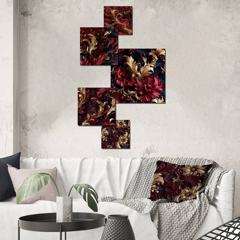 Designart "Opulent Baroque Scrolls Victorian Pattern" Damask Wall Art Set of 5 - Bohemian Metal Wall Art Office Room Set