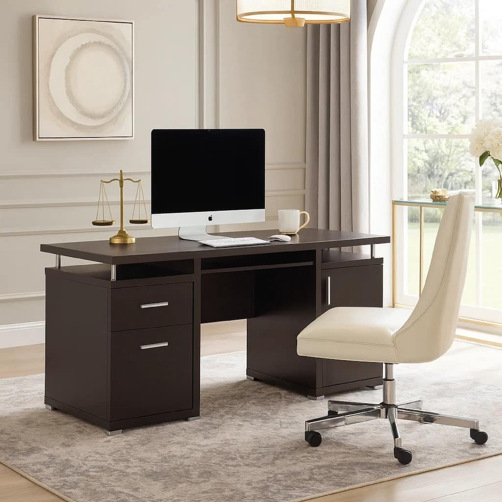 Luxurious Computer Desk with 2 Drawers and Cabinet, Brown
