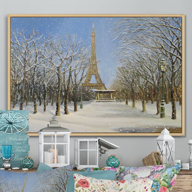 Designart "Winter In Paris" French Country Framed Canvas Art Print - 36 in. wide x 24 in. high - Natural