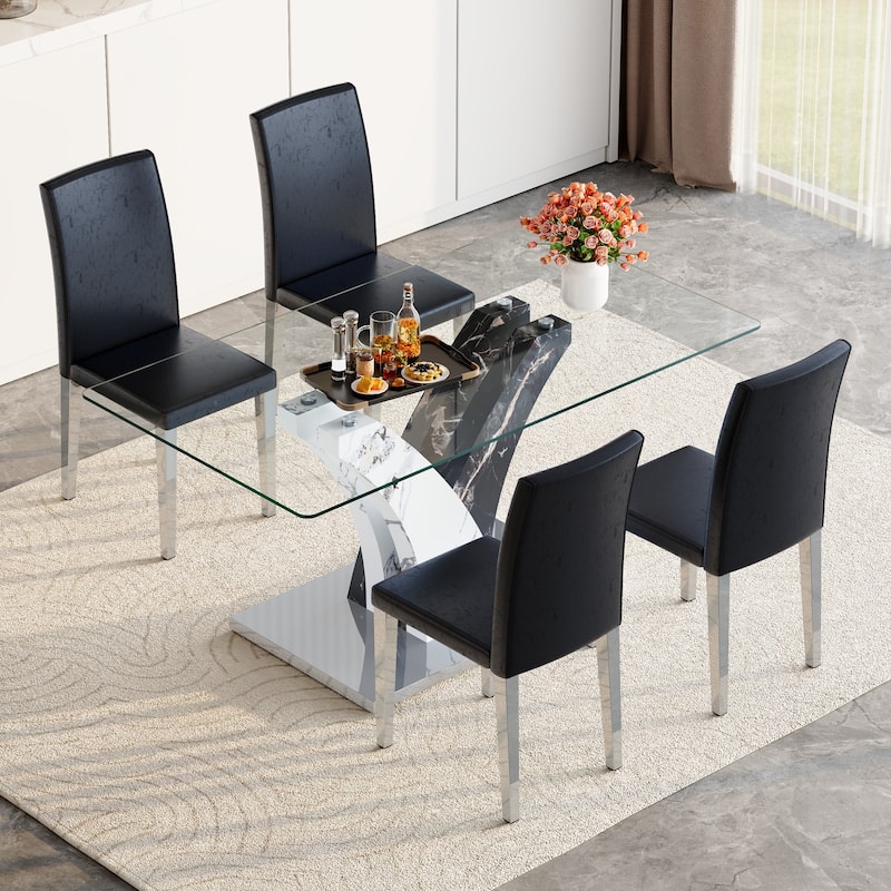 63-Inch Rectangular Dining Table Set with Tempered Glass Top and Chairs, Modern Kitchen & Living Room Dining Set for Apartments