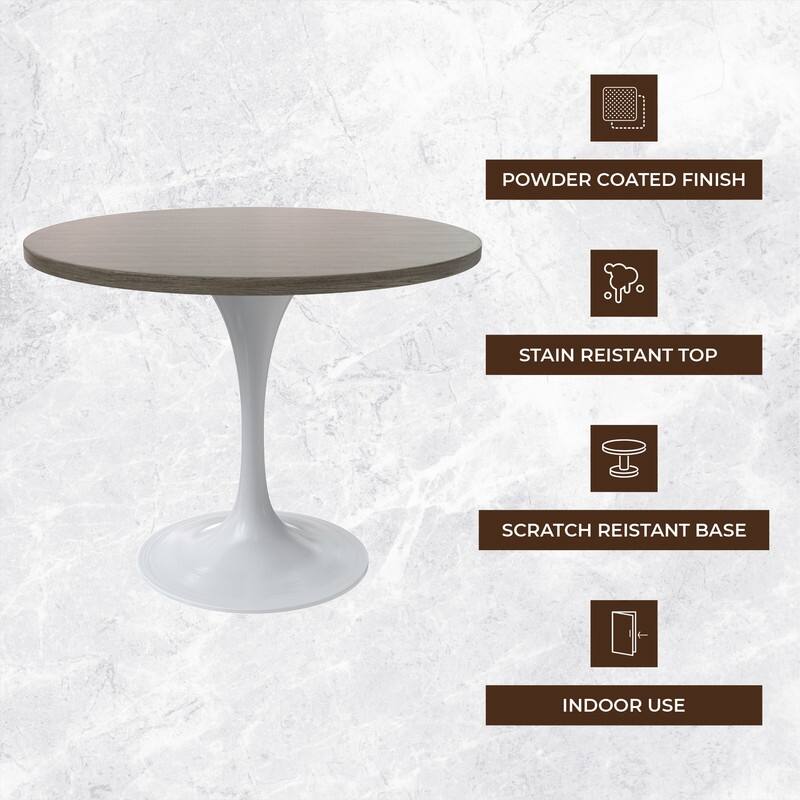 LeisureMod Verve 36" Round Dining Table with MDF Wood TableTop and White Steel Base for Kitchen & Dining Room