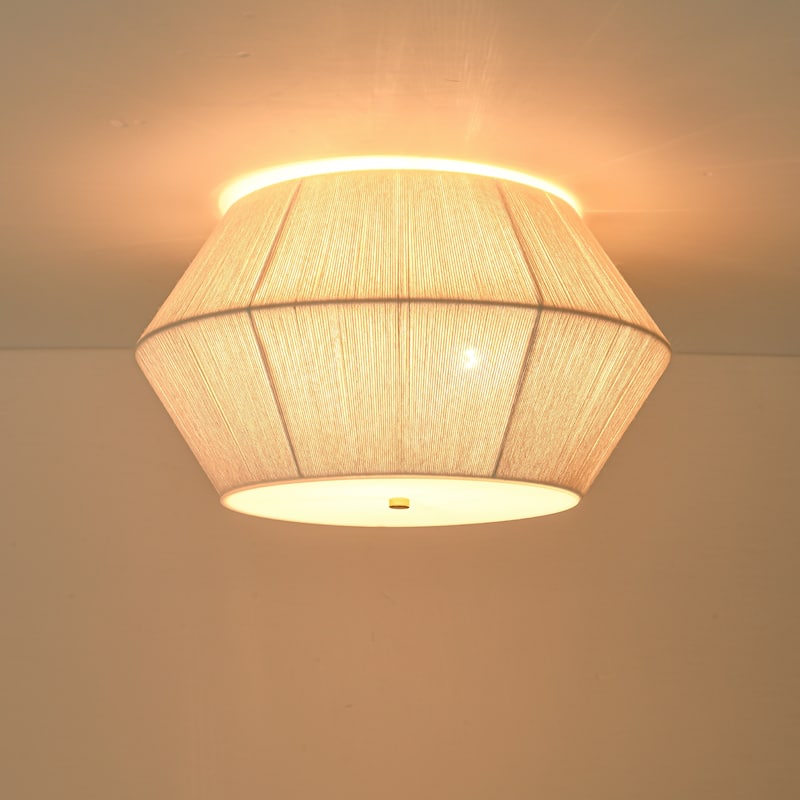 17.7" 3-Light Farmhouse Rustic Brass Ivory Rope Drum Flush Mount Ceiling Light - 17.7 in. Dia x 10.6 in. H