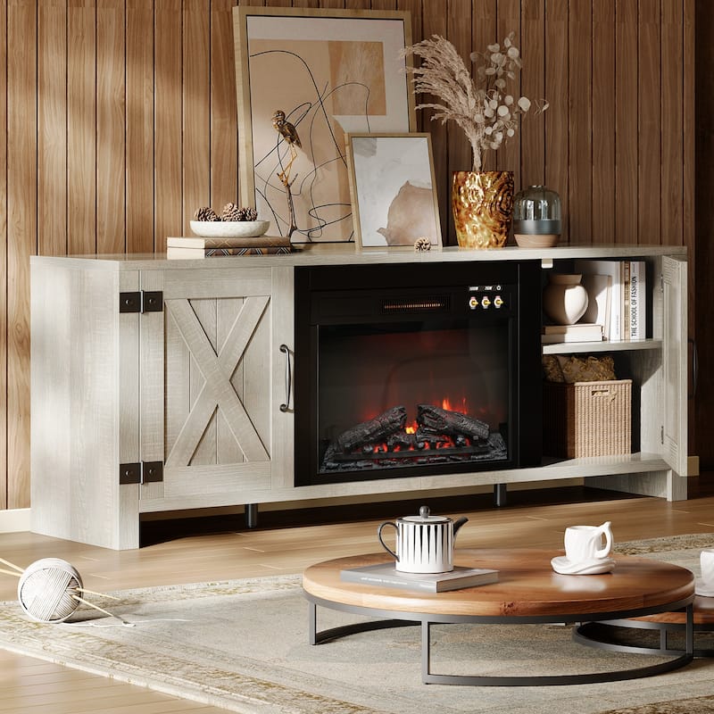 Bestier 63" Fireplace TV Stand for TVs, Farmhouse Barn Door Entertainment Center with Electric Heater, Adjustable Shelves