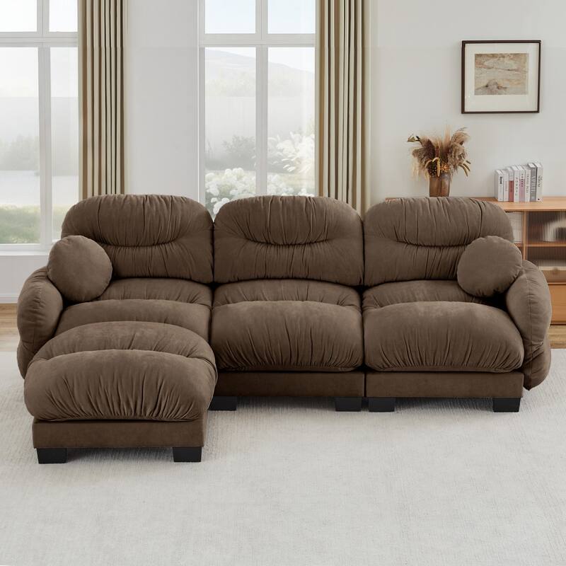 116" Chenille Pleated Design Sectional Sofa with Ottoman and 2 Round Pillows