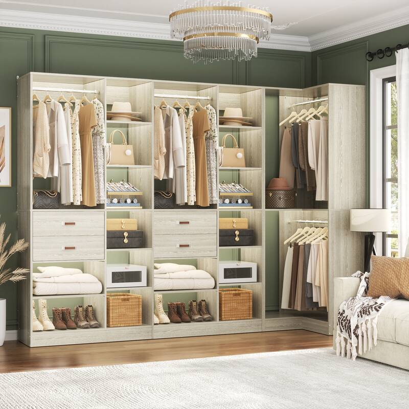 Set of 3 Corner Closet System with Tower Shelves, Closet Organizer with Drawers and Hanging Rods