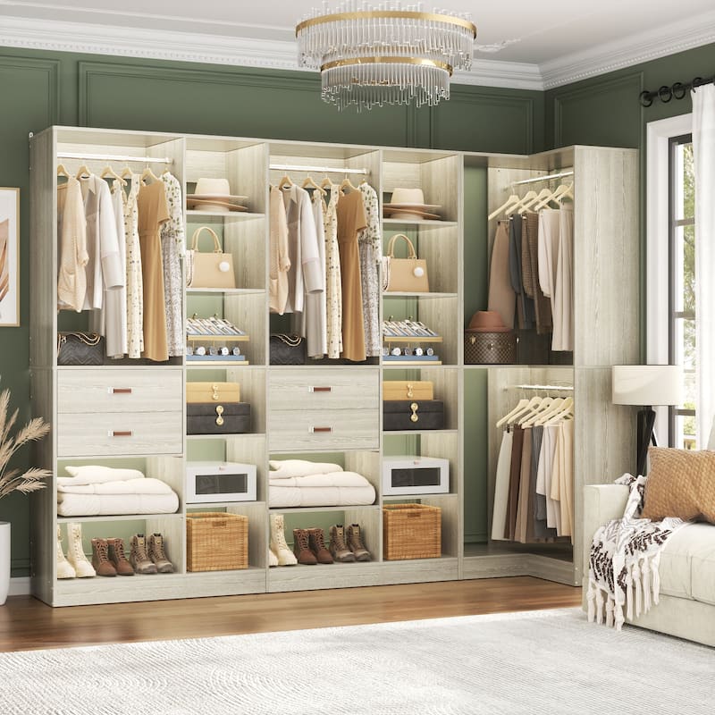 Set of 3 Corner Closet System with Tower Shelves, Closet Organizer with Drawers and Hanging Rods - Washed Oak