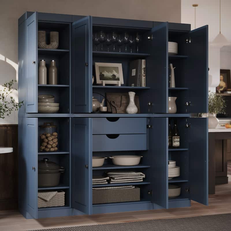 Palace Imports 100% Solid Wood Kitchen China Cabinet Pantry with Glass or Solid Wood Doors and 2-Drawer Kit - 65" x 71.5" - Antique Blue - Solid