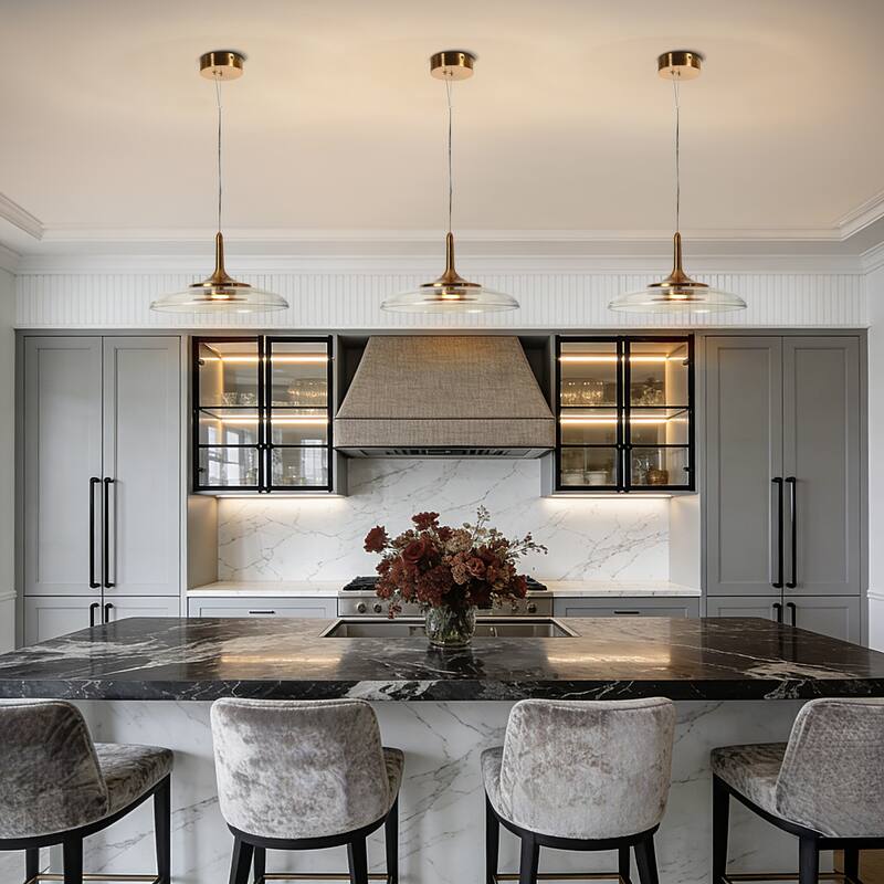 Modern LED Gold 1-Light 12.2" W Glass Pendant Light for Kitchen Island Dining Room - D 12.2" x H 7"